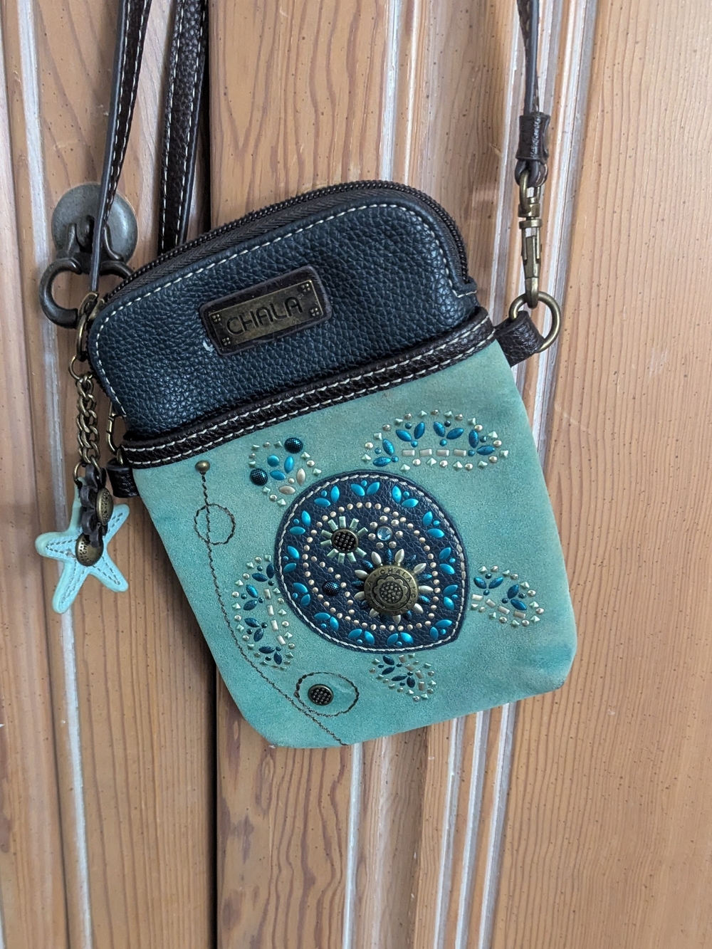 Chala Teal and Black Embellished Crossbody Phone Pouch